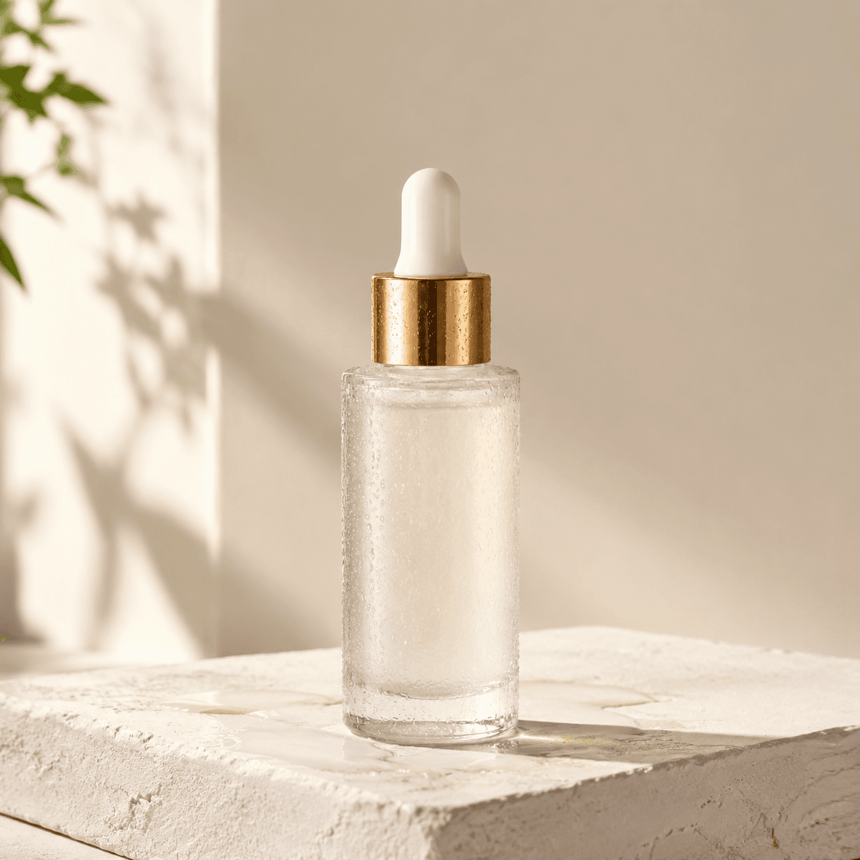 Minimal skincare serum bottle on a light stone surface with soft shadows.