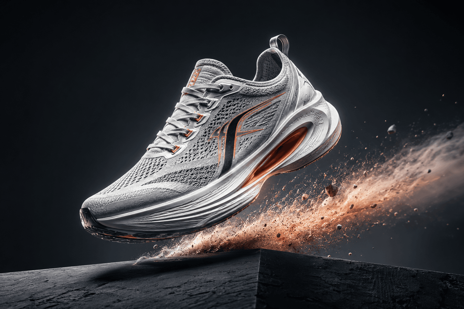 Futuristic running sneaker floating above a dark platform with dynamic lighting.